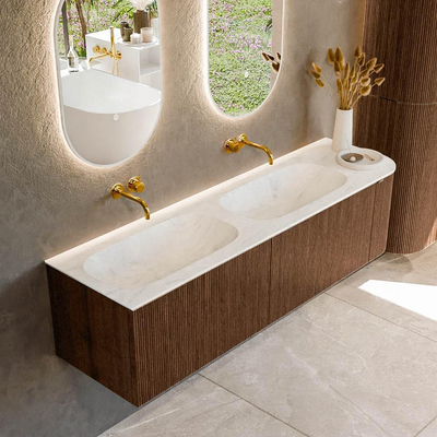 MONDIAZ KURVE-DLUX 165cm Meuble salle de bain avec module 25 D - couleur Walnut - 2 tiroirs - 1 porte - vasque STOR SMALL double / gauche - sans trou de robinet - couleur Opalo