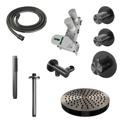 BRAUER Stripe Thermostatische Inbouw Regendouche - SET 03 - 25cm douchekop - plafondarm - staaf handdouche - doucheslang - wandaansluitbocht - gunmetal geborsteld PVD