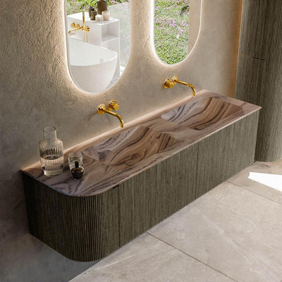MONDIAZ KURVE-DLUX Meuble de salle de bains 155cm arrondi à gauche couleur Shadow avec 2 tiroirs et 1 porte. Lavabo LEAF Double / Droite sans trou de robinet Sombra.