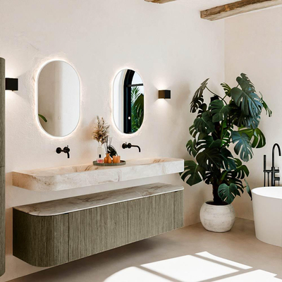 MONDIAZ THOR-DLUX 180cm meuble de salle de bains arrondi gauche + droite couleur Shadow avec 2 tiroirs et 2 portes. Vasque suspendue CLOUD Double sans trou de robinet couleur Frappe.