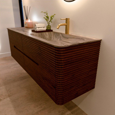 Mondiaz CIRO-DLUX Badkamermeubelset - 160x45x50cm - Solid surface wastafel Sombra - 1 wasbak Rechts - 1 kraangat - 4 lades - Ruby