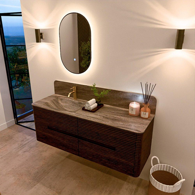 Mondiaz CIRO-DLUX Badkamermeubelset - 140x45x50cm - Solid surface wastafel Oza - 1 wasbak Links - 1 kraangat - 4 lades - Walnut