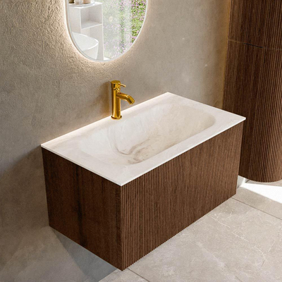 MONDIAZ KURVE-DLUX 80cm badmeubel kleur Walnut met 1 lade. Wastafel BIG SMALL midden 1 kraangat kleur Frappe.
