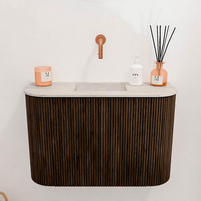 Mondiaz JOYA-DLUX 63.2cm toiletmeubel - ronding links en rechts kleur Walnut - Wastafel FAYE positie Midden Zonder kraangat kleur Ostra.