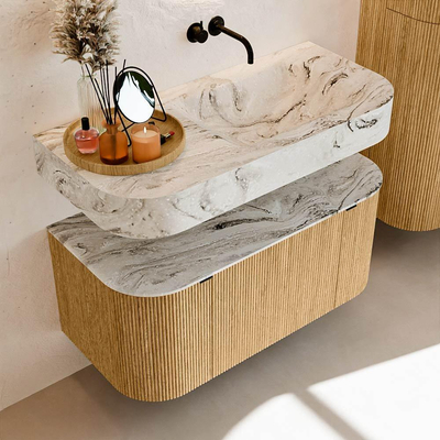MONDIAZ THOR-DLUX 100cm badmeubel ronding links + rechts kleur Oak met 1 lade en 2 deuren. Vrijhangende wastafel CLOUD Rechts zonder kraangat kleur Glace.