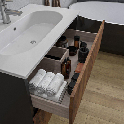 Adema Industrial 2.0 Ensemble de meuble 80x45x55cm avec vasque blanche en céramique 1 trou de robinet et miroir bois/noir