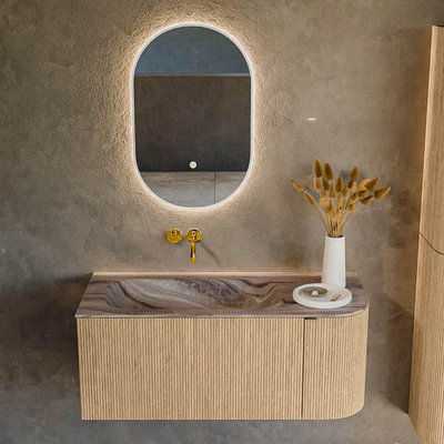 MONDIAZ KURVE-DLUX Meuble de salle de bains 105cm arrondi à droite couleur Chêne avec 1 tiroir et 1 porte. Lavabo BIG SMALL à gauche sans trou de robinetterie Sombra.