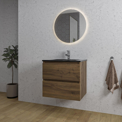 Adema Chaci Ensemble de meuble - 60x46x57cm - 1 vasque en céramique noire - 1 trou de robinet - 2 tiroirs - miroir rond avec éclairage - Noyer