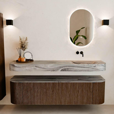 MONDIAZ THOR-DLUX 170cm badmeubel ronding links + rechts kleur Walnut met 1 lade en 2 deuren. Vrijhangende wastafel CLOUD Rechts zonder kraangat kleur Sombra.