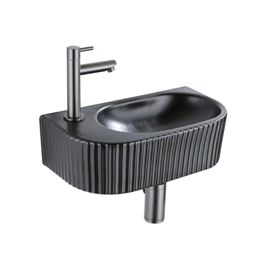 QeramiQ Fuente Ensemble de lavabo - 40x21.5x12cm - gauche - nervuré - demi-rond - 1 trou de robinet - céramique - robinet de lavabo gunmetal - bouchon de vidage - siphon abaissé - noir mat