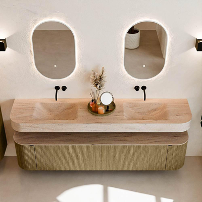 MONDIAZ THOR-DLUX Meuble de salle de bains - 200cm - arrondi gauche + droite - couleur Dusk - 2 tiroirs et 2 portes - Vasque suspendue CLOUD Double sans trou de robinet - couleur Saba