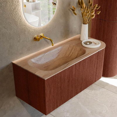 MONDIAZ KURVE-DLUX Meuble de salle de bains 105cm arrondi à droite couleur Ruby avec 1 tiroir et 1 porte. Lavabo BIG SMALL gauche sans trou de robinet Saba.