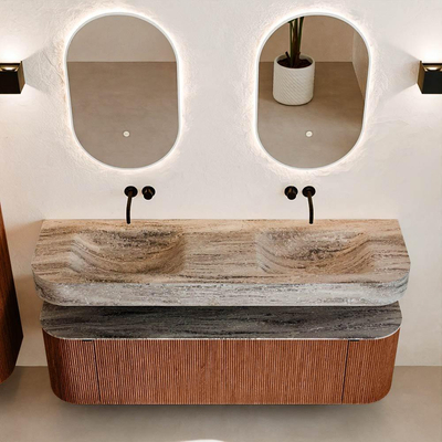 MONDIAZ THOR-DLUX 160cm meuble de salle de bains arrondi gauche + droite couleur Ruby avec 1 tiroir et 2 portes. Vasque suspendue CLOUD Double sans trou de robinet couleur Oza.