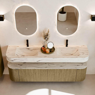 MONDIAZ THOR-DLUX 180cm meuble de salle de bains arrondi gauche + droite couleur Dusk avec 2 tiroirs et 2 portes. Vasque suspendue CLOUD Double 2 trous de robinet couleur Nata.