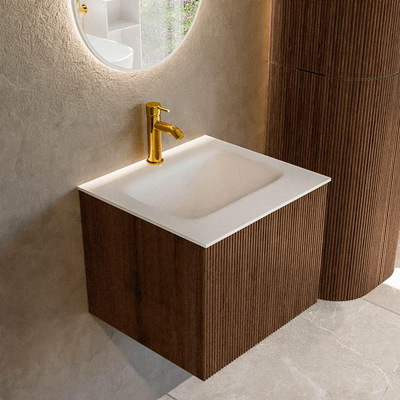 MONDIAZ KURVE 50cm badmeubel kleur Walnut met 1 lade. Wastafel GRUNNE midden 1 kraangat Talc.