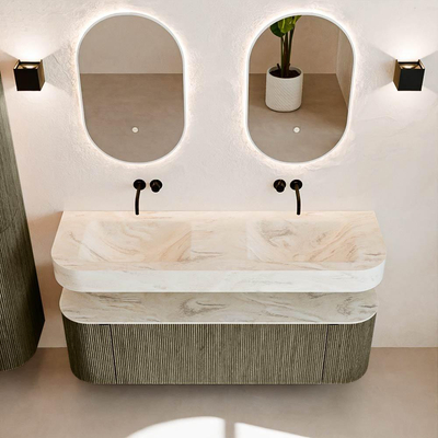 MONDIAZ THOR-DLUX 150cm badmeubel ronding links + rechts kleur Shadow met 1 lade en 2 deuren. Vrijhangende wastafel CLOUD Dubbel zonder kraangat kleur Ostra.