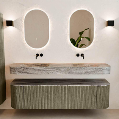 MONDIAZ THOR-DLUX Meuble de salle de bains 170cm arrondi gauche + droite couleur Shadow avec 1 tiroir et 2 portes. Vasque suspendue CLOUD Double sans trou de robinet couleur Oza.