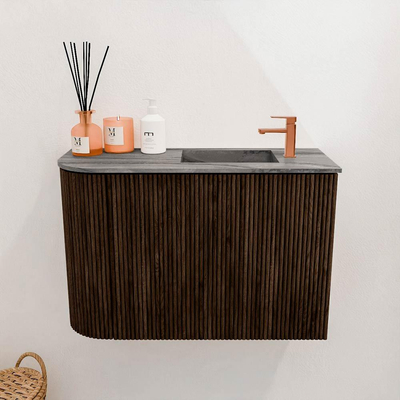 Mondiaz JOYA-DLUX 61.6cm toiletmeubel - ronding links kleur Walnut - Wastafel FAYE positie Rechts 1 kraangat kleur Sombra.