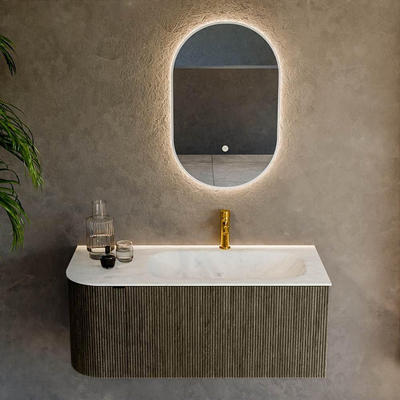 Ensemble de meuble de salle de bain Mondiaz KURVE-DLUX - 105x46x40cm - 1 tiroir - 1 porte - lavabo en solid surface - droite - 1 trou de robinet - Shadow
