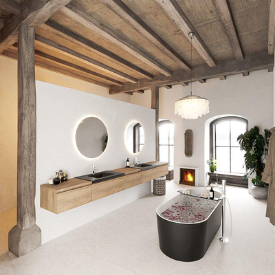 MONDIAZ BUKLA meuble de salle de bain 340cm avec module 60 couleur Chêne blanchi avec 5 tiroirs. Lavabo CLOUD double 2 trous de robinet couleur Urbaine.