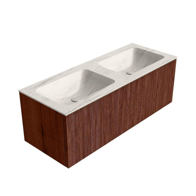MONDIAZ KURVE-DLUX Meuble de salle de bains 120 cm couleur Ruby avec 1 tiroir et 0 porte. Lavabo LEAF Double 2 trous de robinet Meli.