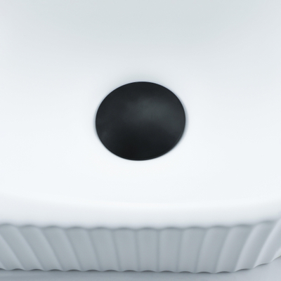 QeramiQ Fuente Ensemble de lavabo - 40x21.5x12cm - gauche - nervuré - demi-rond - 1 trou de robinet - céramique - robinet de lavabo noir mat - bonde - siphon abaissé - blanc mat