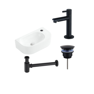 Fugaflow Efficiente Pietra Ensemble pour lave-mains - 40x21.5x12cm - droit - lisse - demi-rond - 1 trou de robinet - céramique - robinet de lave-mains noir mat - bouchon de vidage - siphon abaissé - blanc mat