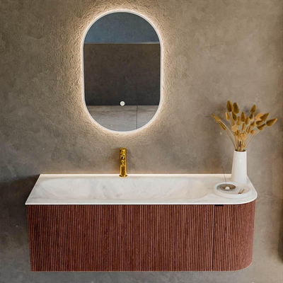 Ensemble de meuble de salle de bain Mondiaz KURVE-DLUX - 125x46x40cm - 1 tiroir - 1 porte - lavabo en solid surface - gauche - 1 trou de robinet - Ruby