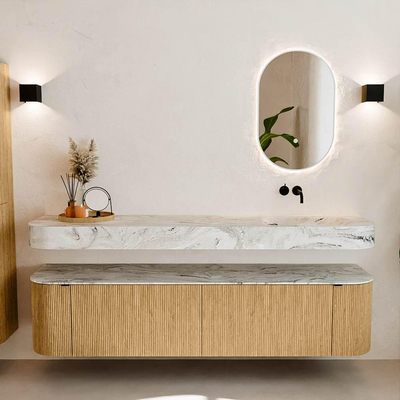 MONDIAZ THOR-DLUX Meuble de salle de bains - 190cm - arrondi gauche + droite - couleur Oak - 2 tiroirs et 2 portes - Vasque suspendue CLOUD Droite sans trou de robinet - couleur Glace