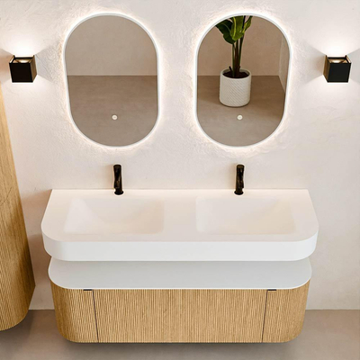 MONDIAZ THOR 140cm meuble de salle de bains arrondi gauche + droite couleur Oak avec 1 tiroir et 2 portes. Vasque suspendue CLOUD Double 2 trous de robinet couleur Talc.