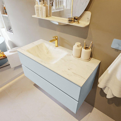 Mondiaz VICA-DLUX Ensemble de meuble de salle de bain - 100cm - meuble sous-vasque argile - 2 tiroirs - lavabo encastré nuage gauche - 1 trou de robinet - version haute 60cm - opalo