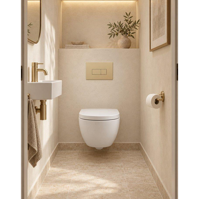 QeramiQ Dely Swirl Compact Toiletset - inbouwreservoir QeramiQ flush - 25mm zitting - kunststof bedieningsplaat beige - rechthoekige knoppen - glans wit