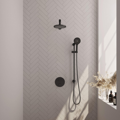BRAUER Black Edition douche thermostatique encastrée - 3 voies - rond - ensemble 91 - douche principale de 20 cm - bras mural droit - douchette à main 3 positions - flexible de douche - barre de douche intégrée - noir mat
