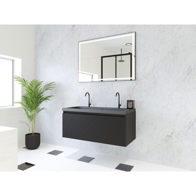 HR Matrix ensemble meuble de salle de bain 3d 100cm 1 tiroir sans poignée avec bandeau couleur noir mat avec vasque djazz 2 trous de robinetterie noir mat