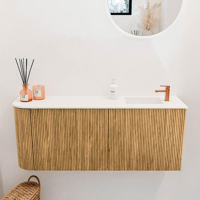 Mondiaz JOYA 101.6cm toiletmeubel - ronding links kleur Oak - Wastafel FAYE positie Rechts 1 kraangat kleur Talc.