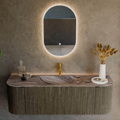 MONDIAZ KURVE-DLUX Meuble de salle de bains 140cm arrondi Gauche + Droite couleur Shadow avec 1 tiroir et 2 portes. Lavabo BIG SMALL Central 1 trou de robinet Sombra.