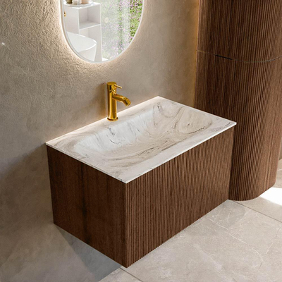 MONDIAZ KURVE-DLUX 70cm badmeubel kleur Walnut met 1 lade. Wastafel BIG SMALL midden 1 kraangat kleur Glace.