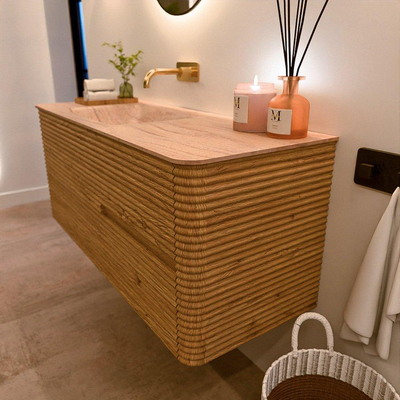 Mondiaz CIRO-DLUX Badkamermeubelset - 120x45x50cm - Solid surface wastafel Saba - 1 wasbak Links - zonder kraangaten - 2 lades - Oak