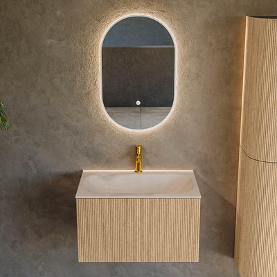 MONDIAZ KURVE-DLUX 70cm badmeubel kleur Oak met 1 lade en 0 deuren. Wastafel BIG SMALL Midden 1 kraangat Meli.