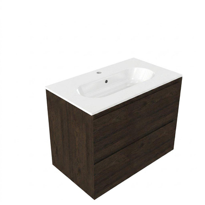 Saniclass Holz Pure Ensemble meuble de salle de bains - 80x45x73.9cm - Vasque en céramique Chaci blanche - 1 vasque - 1 trou de robinet - 2 tiroirs - chêne charcoal mat (bois)