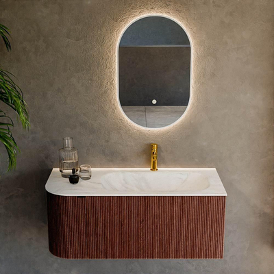 Mondiaz KURVE-DLUX Ensemble de meuble salle de bain - 105x46x40cm - 1 tiroir - 1 porte - lavabo en solid surface - droite - 1 trou de robinet - Ruby