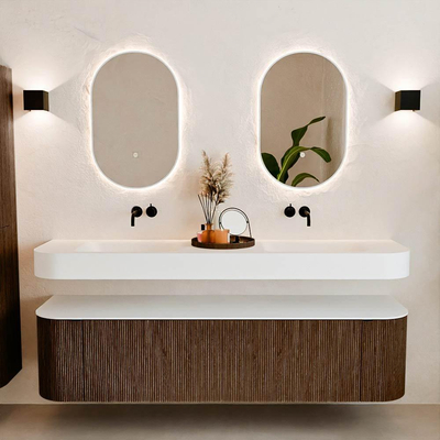 MONDIAZ THOR Meuble de salle de bains 180cm arrondi gauche + droite couleur Walnut avec 2 tiroirs et 2 portes. Vasque suspendue CLOUD Double sans trou de robinet couleur Talc.