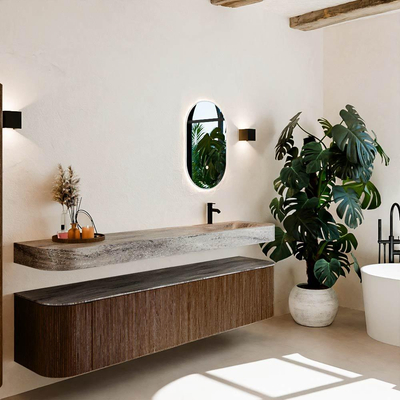 MONDIAZ THOR-DLUX 200cm meuble de salle de bains arrondi gauche + droite couleur Walnut avec 2 tiroirs et 2 portes. Vasque suspendue CLOUD Droite 1 trou de robinet couleur Oza.