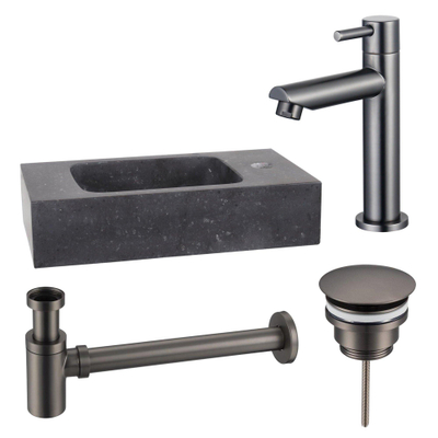 FugaFlow Eccelente Pietra ensemble de lavabo - 40x22x9cm - 1 trou de robinet - pierre naturelle - robinet de lavabo gunmetal - noir