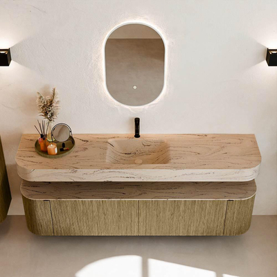 MONDIAZ THOR-DLUX Meuble de salle de bains 190cm arrondi gauche + droite couleur Dusk avec 2 tiroirs et 2 portes. Vasque suspendue CLOUD Milieu 1 trou de robinet couleur Arena.