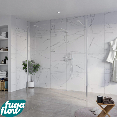 FugaFlow Eccelente Vetro Douche à l'italienne libre - 180x200cm - Clair - anti-calcaire - verre de sécurité 8mm - 2 parois latérales 40cm - avec bras muraux et profils d'angle - Chrome -