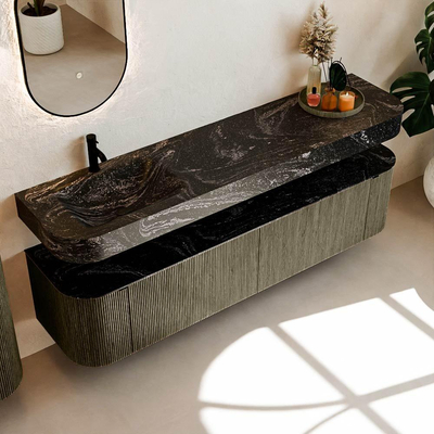 MONDIAZ THOR-DLUX 190cm meuble de salle de bains arrondi gauche + droite couleur Shadow avec 2 tiroirs et 2 portes. Vasque suspendue CLOUD Gauche 1 trou de robinet couleur Lava.