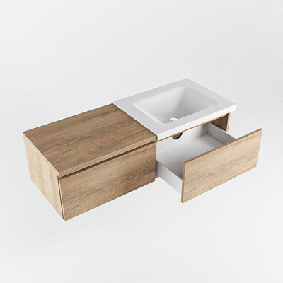 MONDIAZ BUKLA meuble de salle de bain 120 cm avec module 60 couleur Chêne blanchi avec 2 tiroirs. Lavabo CLOUD à droite 0 trou de robinet couleur Talc.