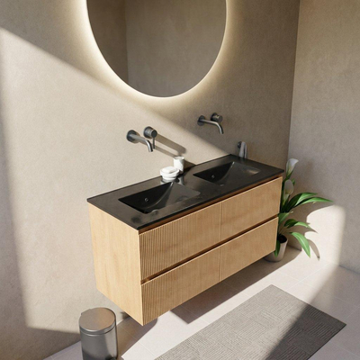 Saniclass Holz Atelier Ensemble meuble de salle de bains - 120x45x62cm - Vygo lavabo en céramique noir - 2 vasques - sans trous de robinet - 2 tiroirs - chêne naturel mat (bois)