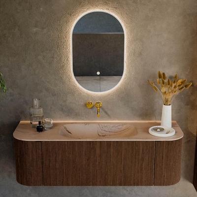 MONDIAZ KURVE-DLUX Meuble de salle de bains 140cm arrondi Gauche + Droite couleur Walnut avec 1 tiroir et 2 portes. Lavabo BIG SMALL Milieu sans trou de robinet Arena.